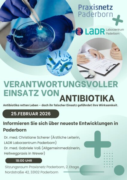 Einladungsflyer zum Thema verantwortungsvoller Einsatz von Antibiotika und Antibiotikatherapie am 25.02.2026.